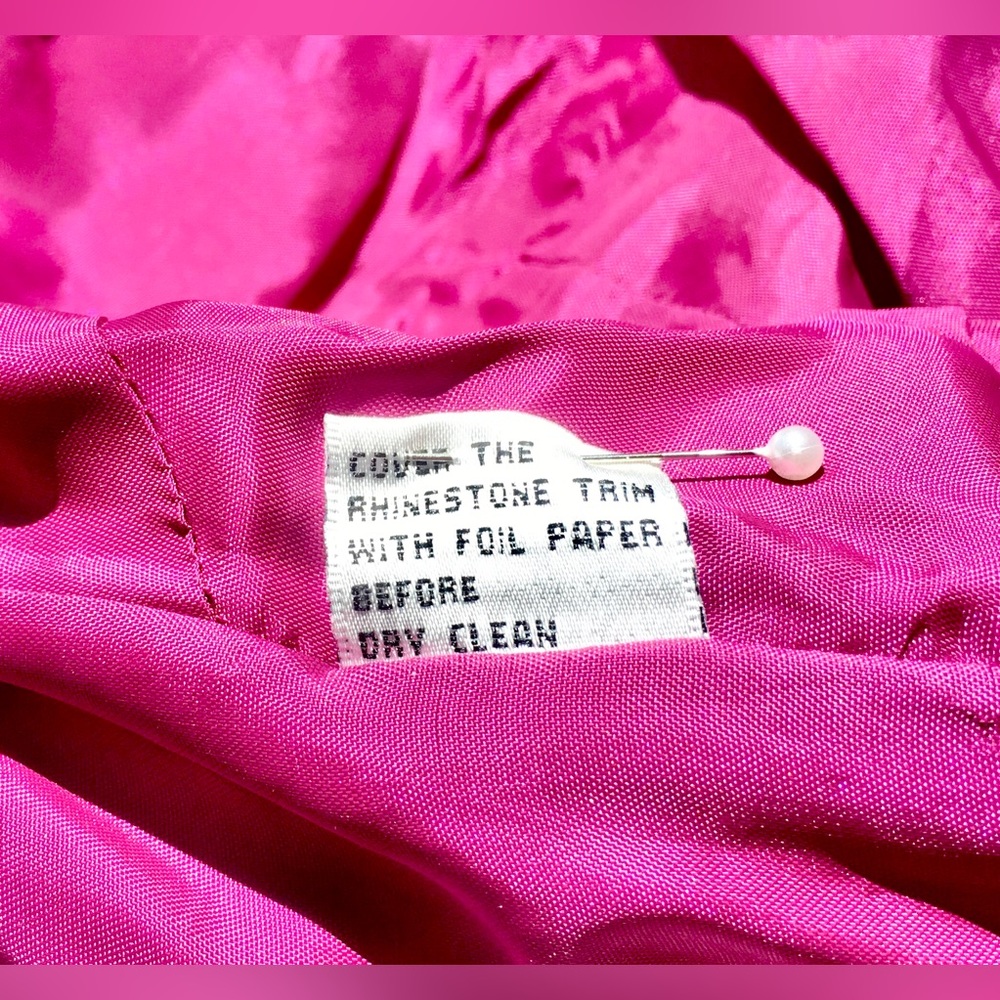 VINTAGE Pink empire waist silk maxi dress halter top deep V neck rhinestones Sz6 - Picture 12 of 14